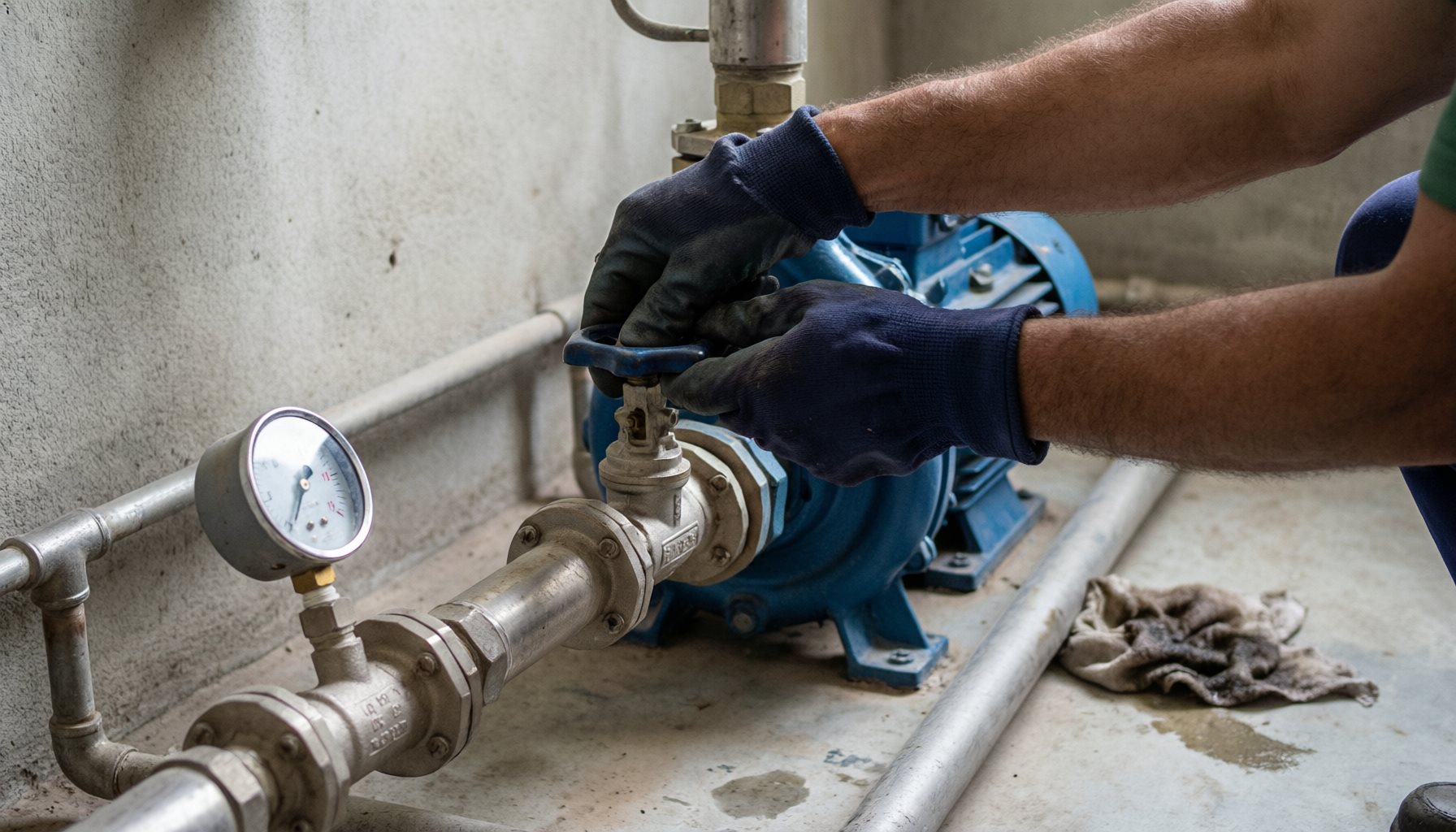 Manos de técnico con guantes de trabajo accionando la llave de paso en el colector de descarga de una bomba centrífuga de agua potable