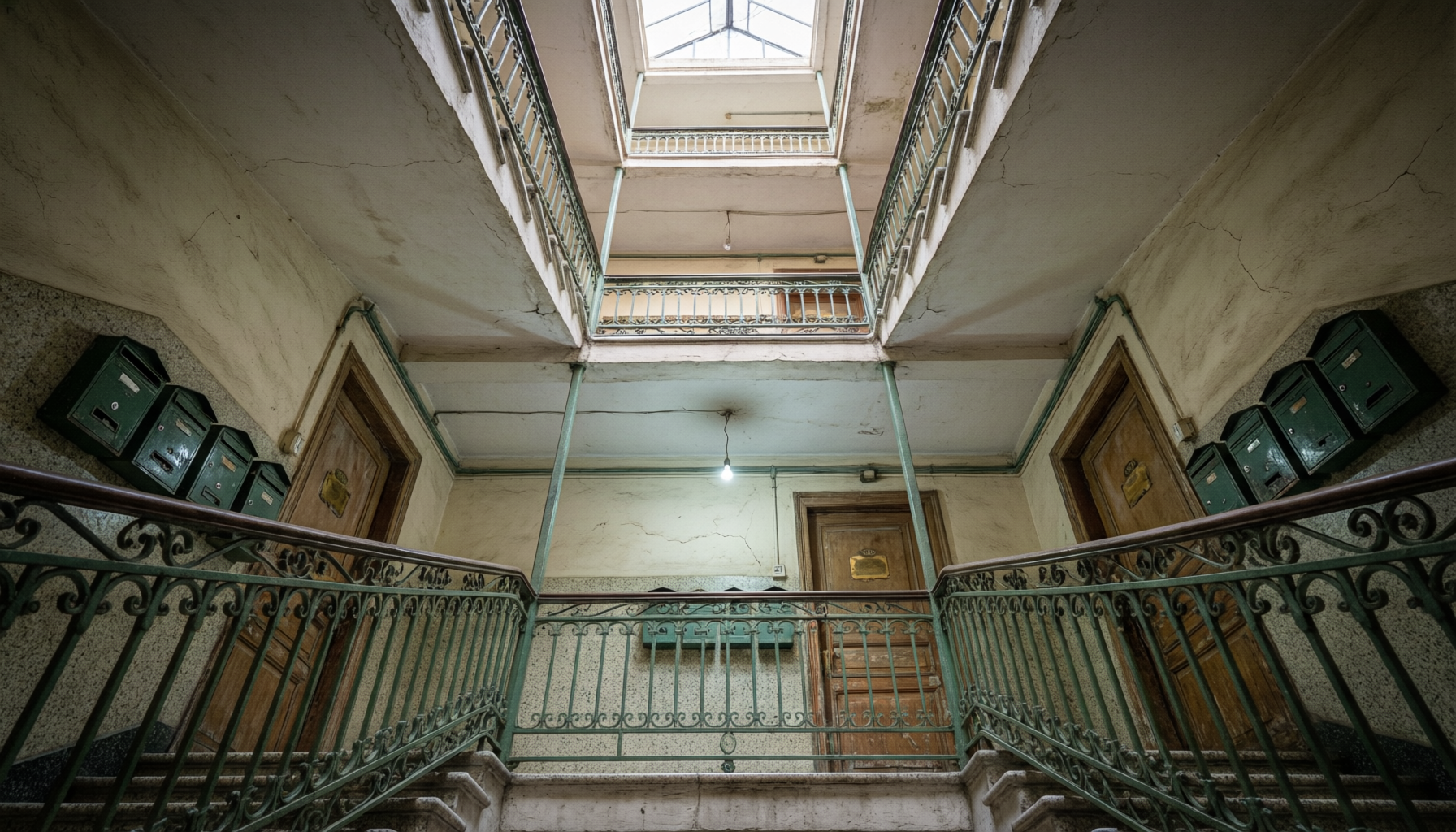 Escalera interior de edificio residencial porteño clásico con barandas de hierro verde