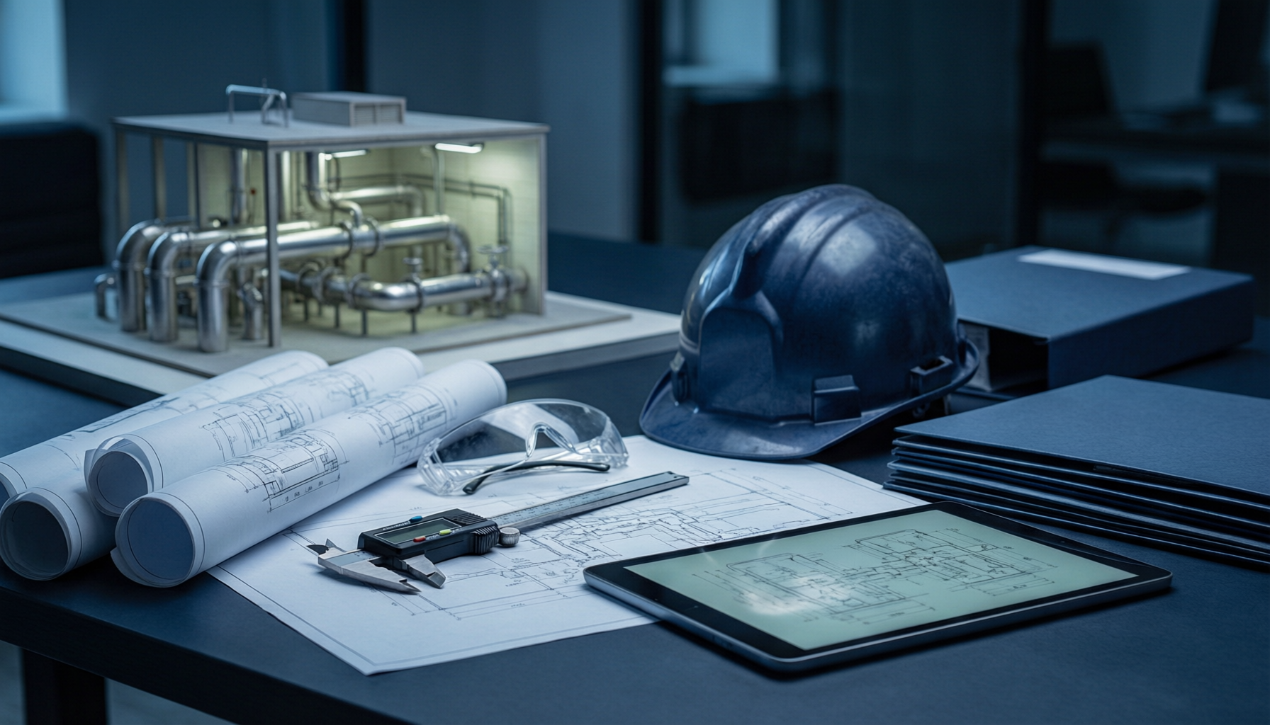 Escritorio técnico con planos enrollados, casco, calculadora digital y tableta con esquemas, junto a una maqueta de sala de bombas